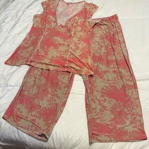 Linea Donatella 2-Piece Pajama Set Pink Tan Floral Lace Trim Sleepwear Large